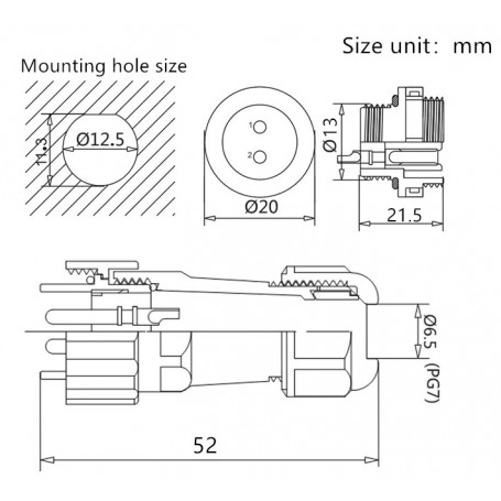 Conector IP68  ZP13 2 Pin