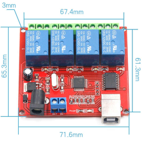 Modulo rele de 4 canales 12V Control via USB