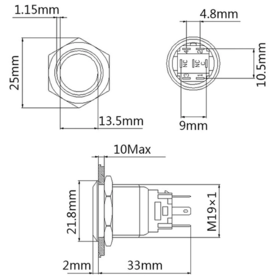 Botón metálico con bloqueo impermeable de 19mm SPST