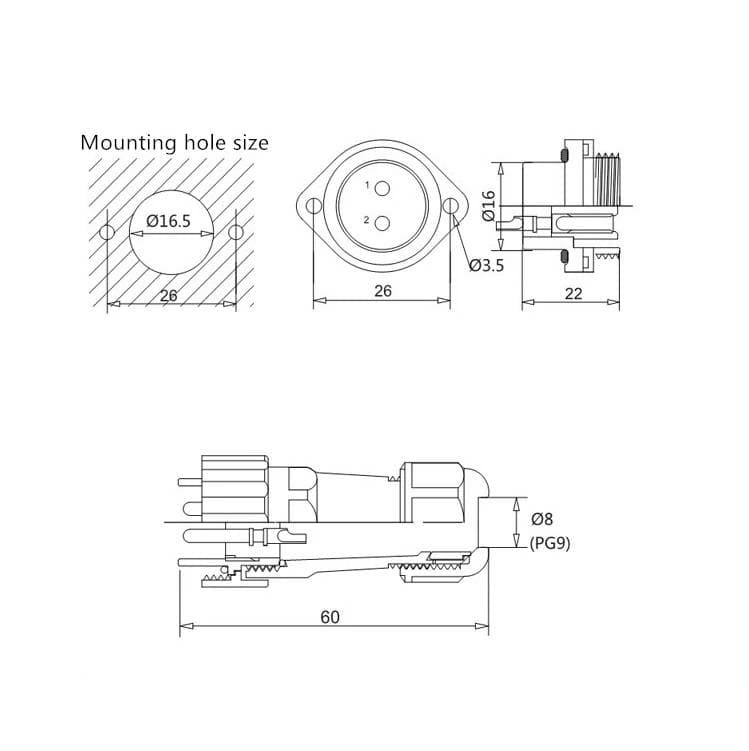 Conector IP68  ZP16 2P Flanje